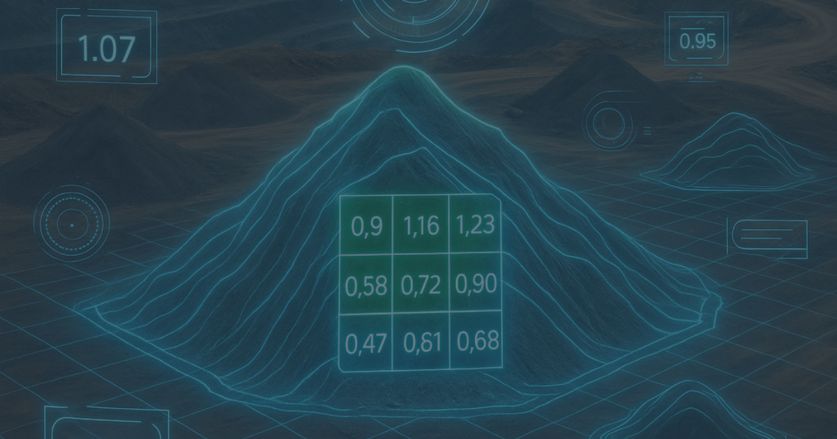 Digitally modeled stockpile with 3D grid overlay showing ore grade values in real time, surrounded by holographic data interfaces on a mining ROM pad.