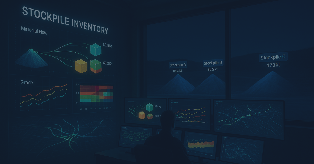 Mine control room at night with operator monitoring real-time stockpile inventory dashboards, including material flow, grade curves, and live tonnage displays outside.