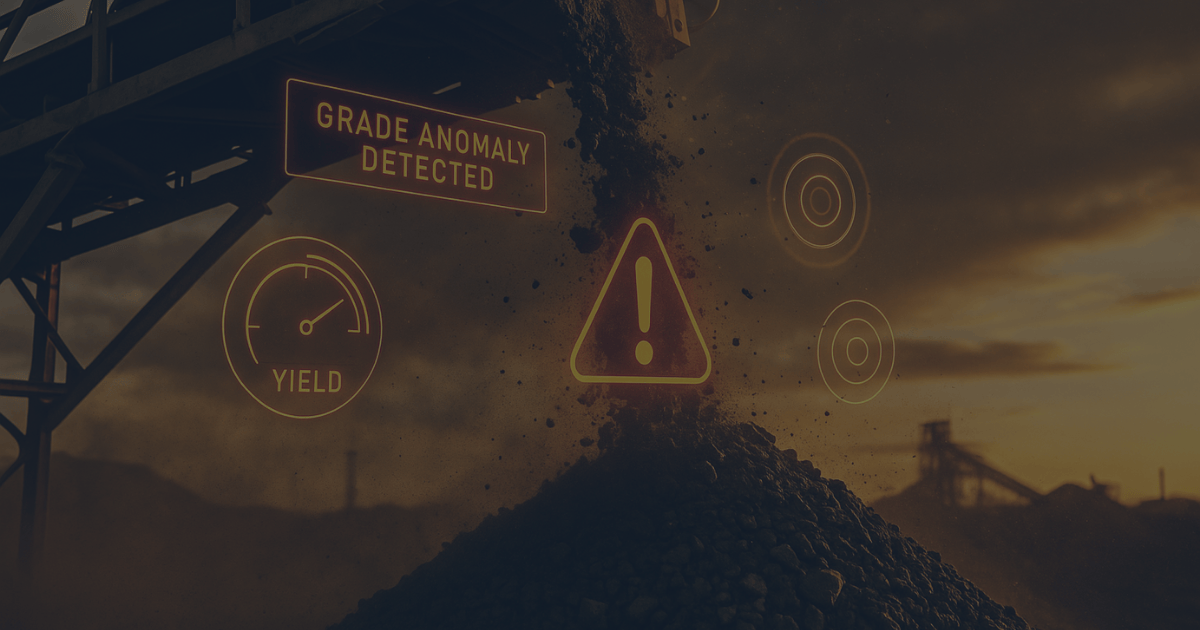 Conveyor pouring ore into a stockpile at sunset with digital overlays showing 'Grade Anomaly Detected,' yield gauge, and warning symbols indicating real-time quality monitoring in a mining operation.