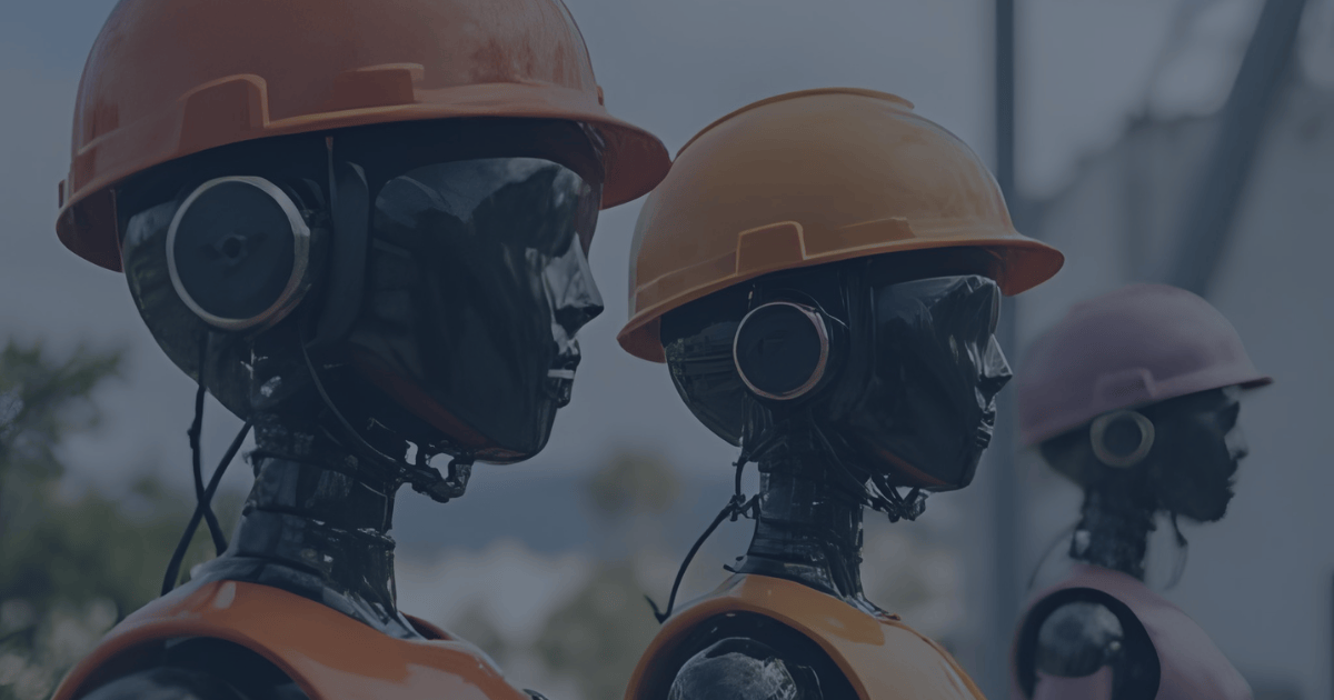 Three humanoid robots wearing industrial hard hats, symbolizing the intersection of AI and human roles in industrial work environments like mining and manufacturing.