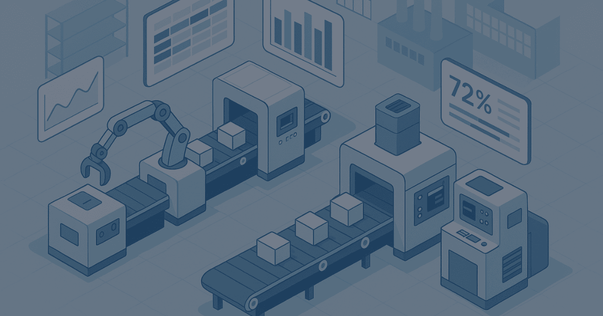Isometric illustration of a smart manufacturing factory with automated production lines, robotic arms, conveyor belts, and digital dashboards displaying real-time data and analytics.