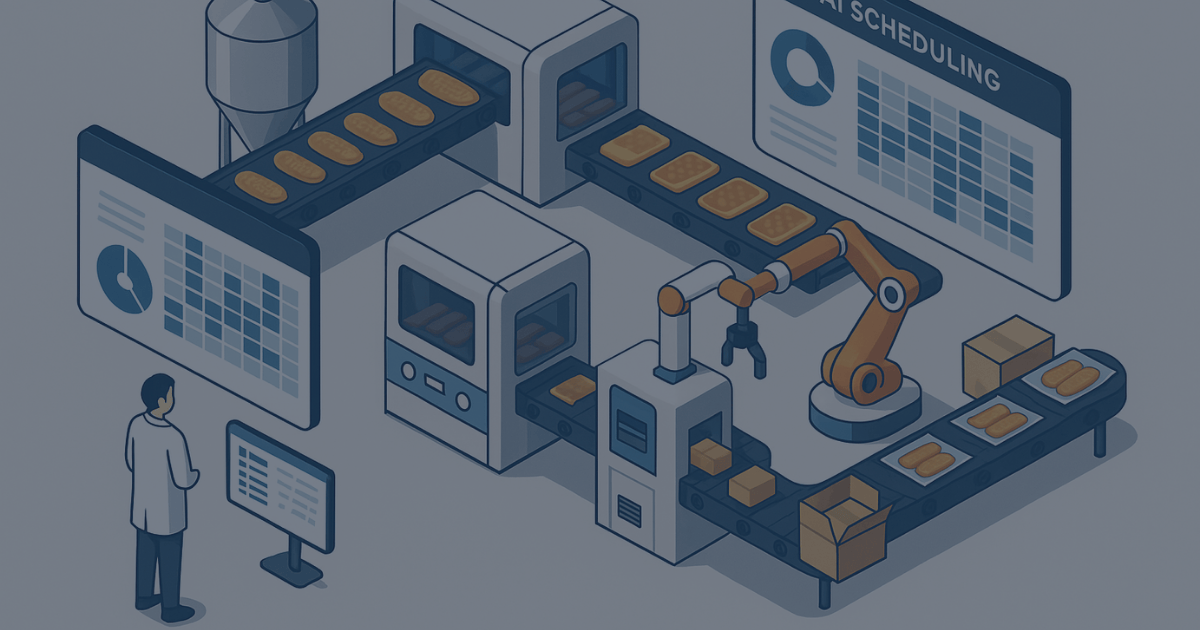 Isometric illustration of a food manufacturing production line with bread on a conveyor belt, automated machinery, robotic arms, and digital scheduling dashboards displaying live production data.