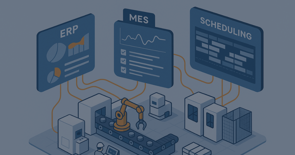 Isometric illustration of a smart manufacturing factory with connected ERP, MES, and scheduling systems displayed on digital dashboards. A robotic arm and conveyor belt represent automated production, with data flows visualizing real-time integration between systems.