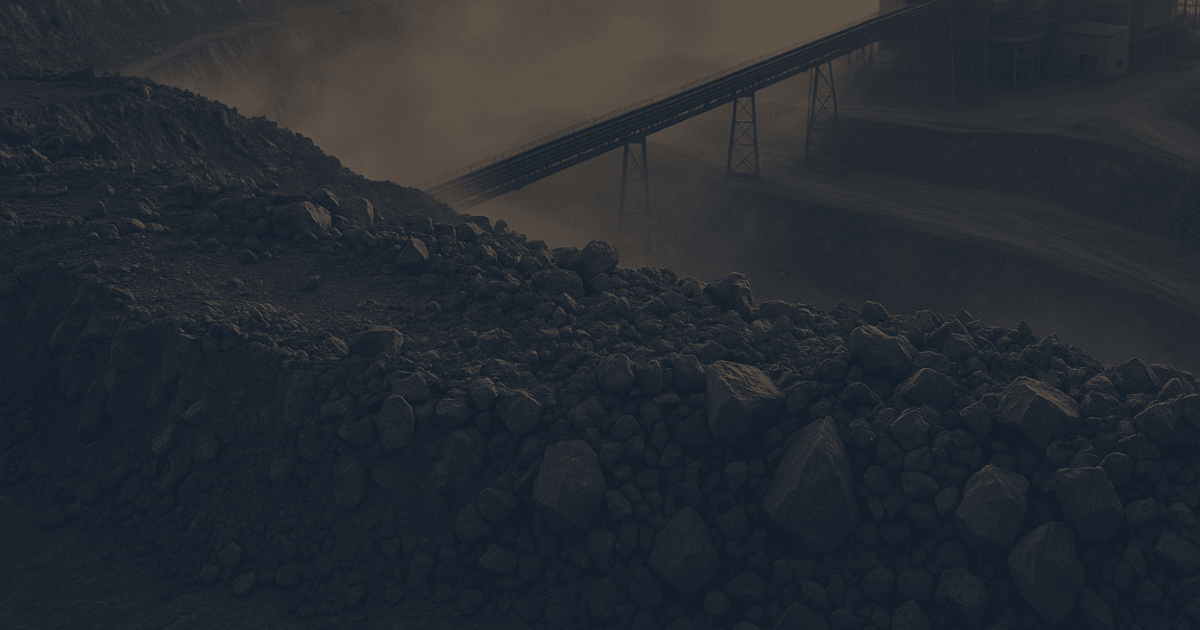 Freshly blasted rock pile in an open-pit mine, with a dust-shrouded conveyor carrying ore toward the processing plant at sunrise.