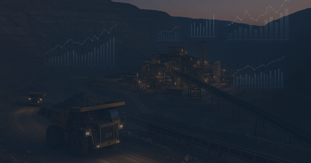 Haul truck on a winding pit ramp at dusk with a lit processing plant in the background; translucent data charts float above, symbolising integrated mining analytics.