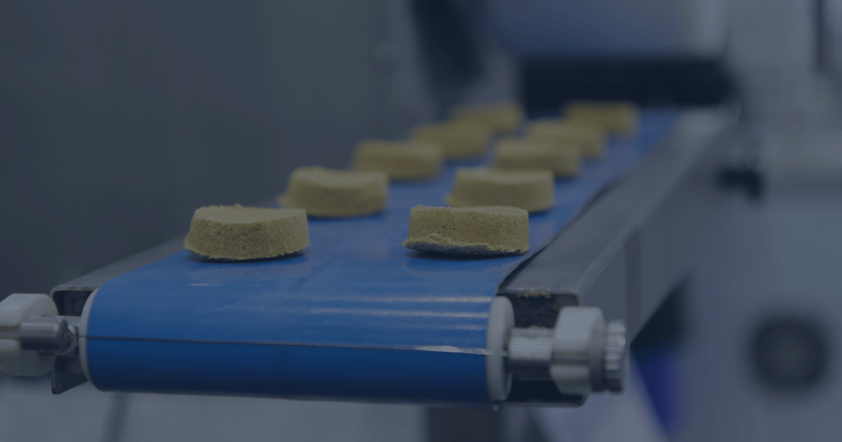 Close-up of round cookie dough pieces moving along a blue conveyor belt inside a food processing plant.