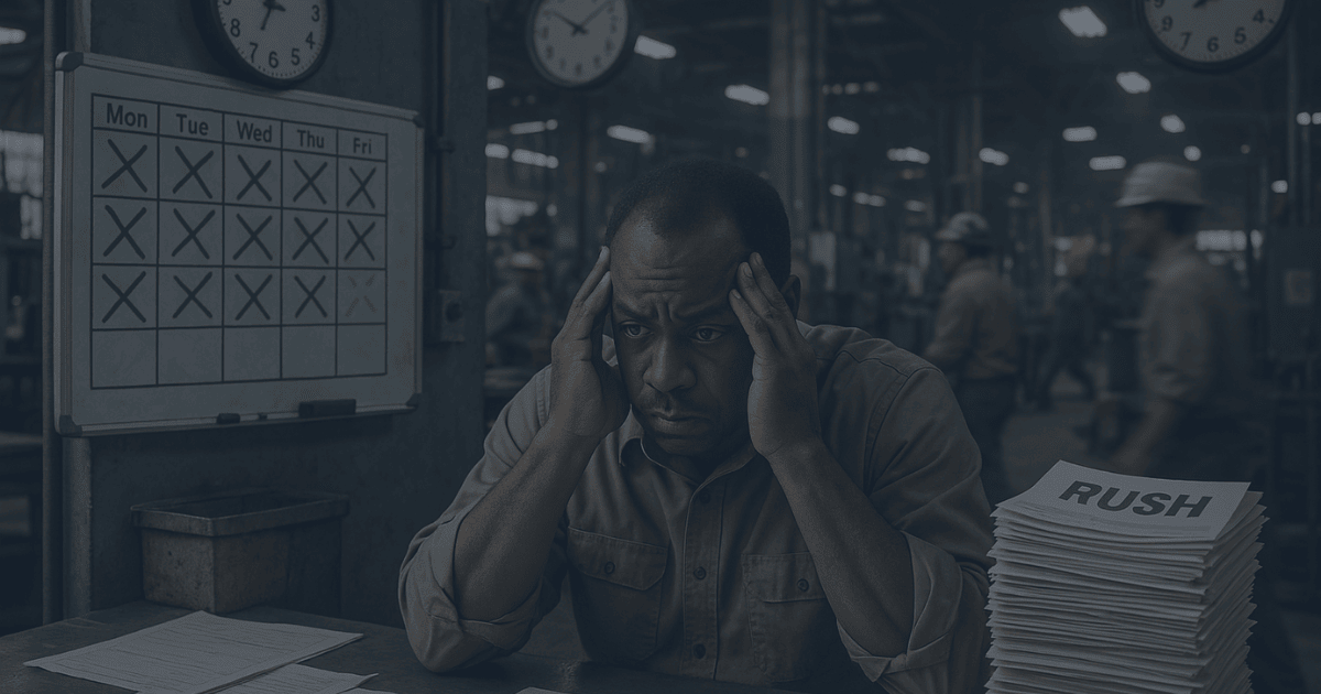 A stressed operations manager sits at a desk in a busy factory, holding his head in frustration. In front of him is a large stack of papers labeled &ldquo;RUSH.&rdquo; Behind him, workers move through the shop floor. A whiteboard shows a full workweek crossed off, and clocks indicate mounting time pressure. The atmosphere reflects urgency and production overload.