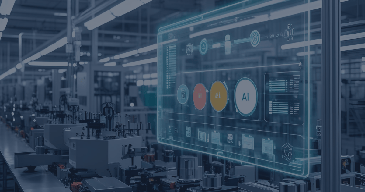 A modern manufacturing plant or production line with a transparent data dashboard or AI algorithm visuals overlaid