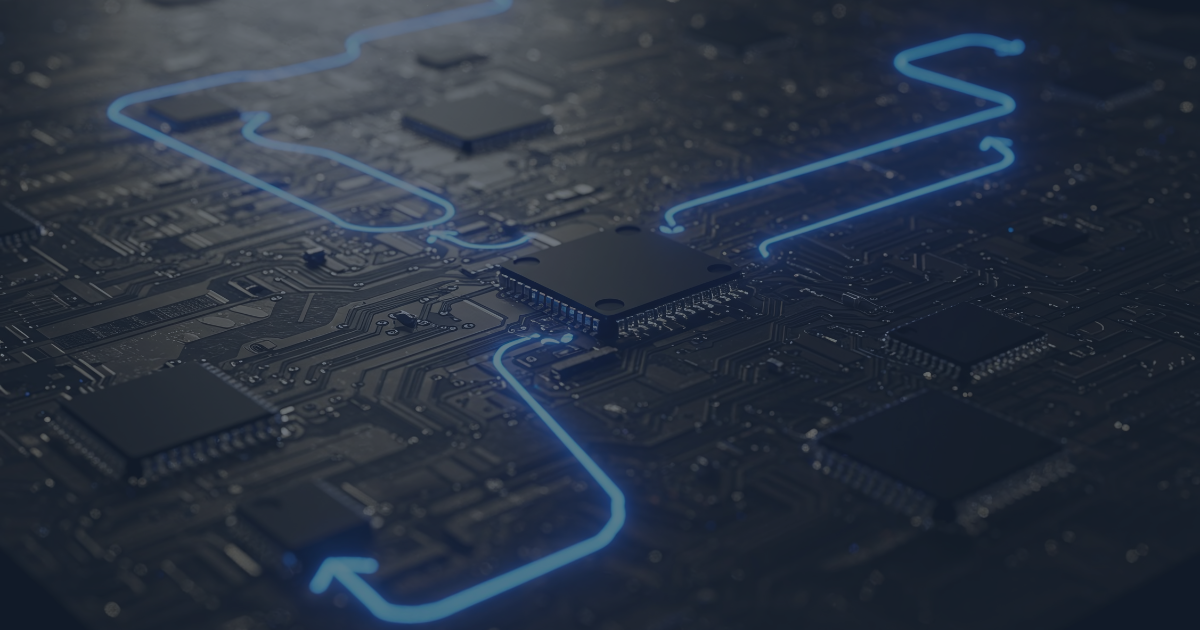 A dark circuit board with glowing blue connection paths highlighting data flow between microchips, symbolizing transparent and explainable artificial intelligence in industrial systems.