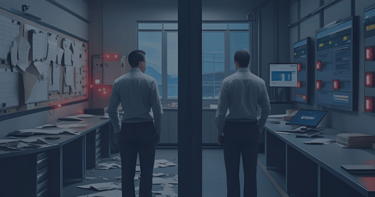 Split-screen view of two factory planners standing in contrasting control rooms&mdash;one chaotic with paper-based rush order alerts, the other organized with digital scheduling dashboards.
