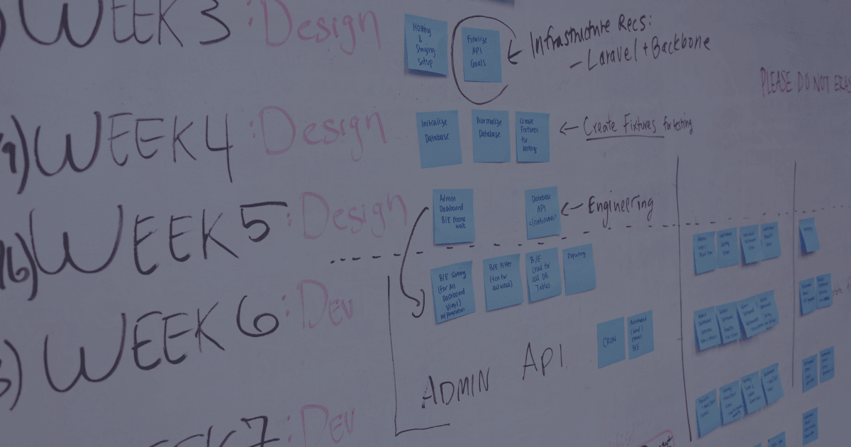 Close-up of a whiteboard production schedule with sticky notes, handwritten tasks, and week-by-week planning&mdash;representing manual batch manufacturing scheduling.